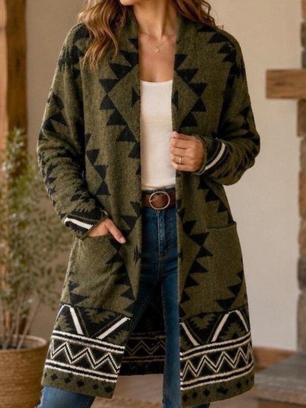 FRYE Aztec Southwestern Olive & Black Geometric Open Cardigan